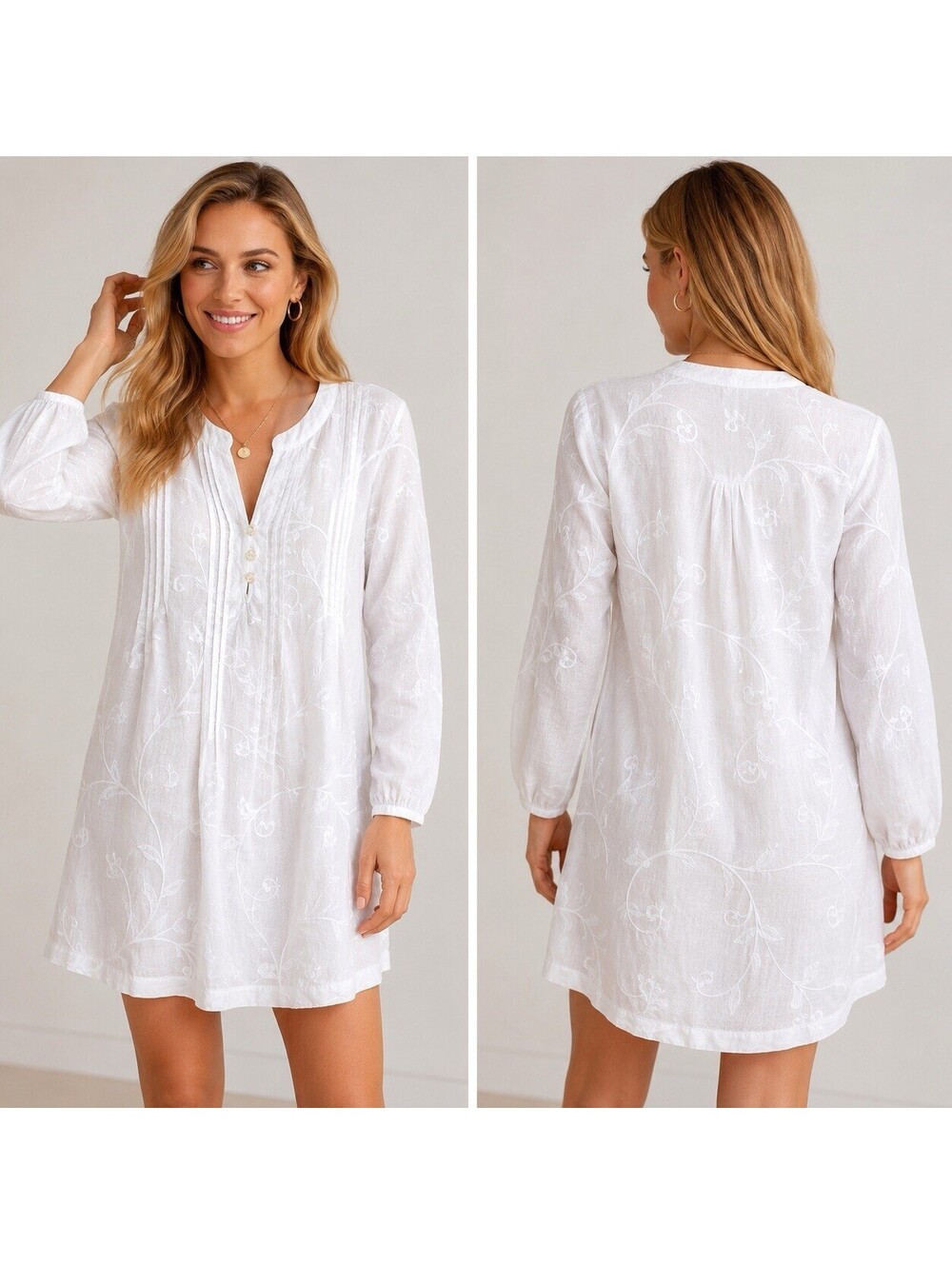 St Tropez West White 100% Linen Embroidered Pintuck Mini Dress M Boho Lagenlook